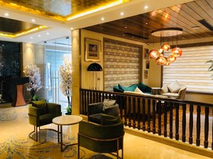 The Kabo Luxury Boutique Hotel in Srinagar, image may contain: Indoors, Foyer, Home Decor, Chandelier