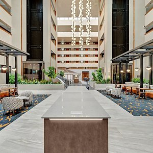 Our newly renovated spacious Atrium features a 6 ft cascading light fixture, seating and wi-fi.