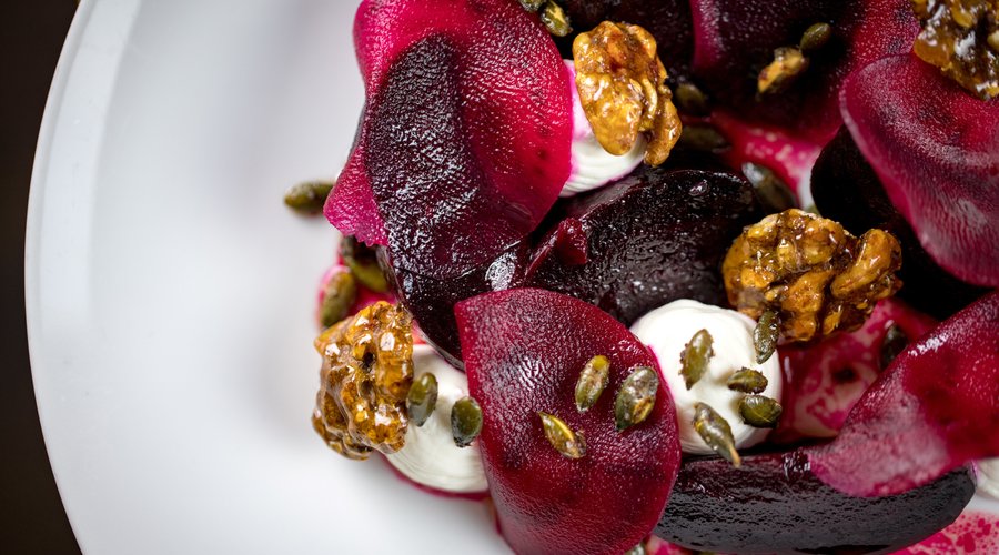 Roast beetroot salad, fresh ricotta, spiced pumpkin seeds and sticky walnuts 