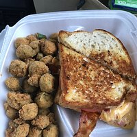 Pimento cheese, bacon and tomato sandwhich (with hand breaded fried okra side)