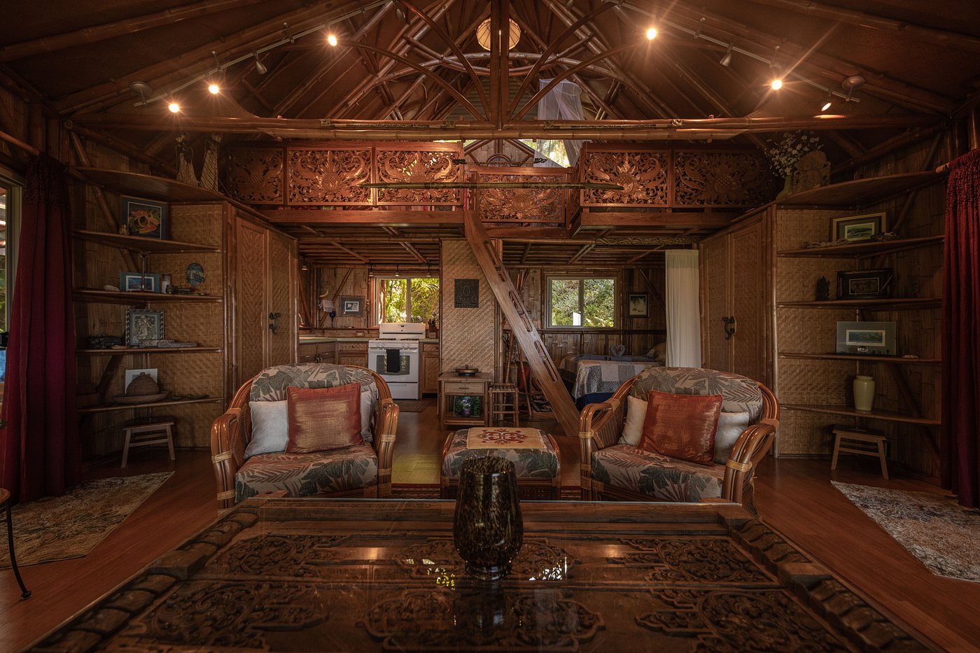 Intimate wooden living room interior of one of the Airbnbs Hawaii