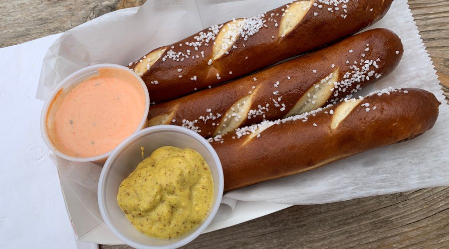 Pretzels with the sriracha ranch and Burly Blonde mustard sauce