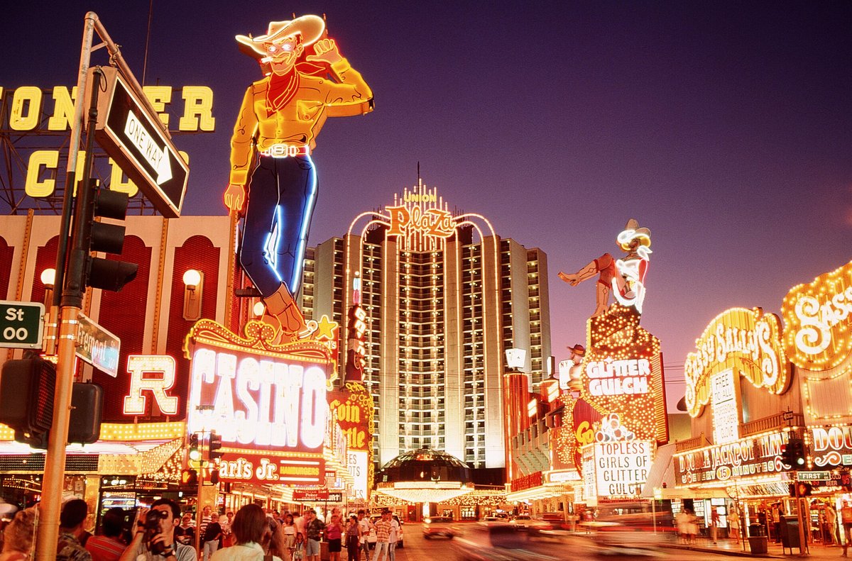 The neon signs lit up on the Las Vegas strip