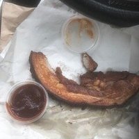 Rib with burnt skin, overcooked, mostly fat with a little meat. with small pot of BBQ sauce £4.50.