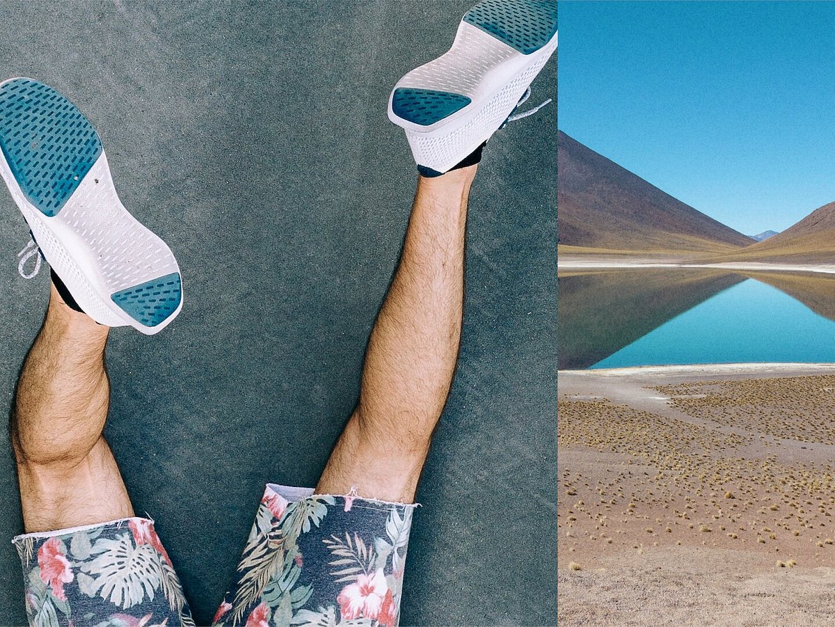 Diptych photo of Allbirds brand shoes and a desert landscape