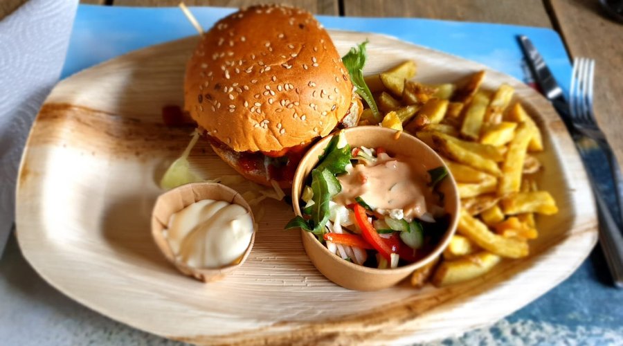 cheeseburger met friet, sla en mayonaise.  Goed te vervieren en thuis lekker op een bord al klaar