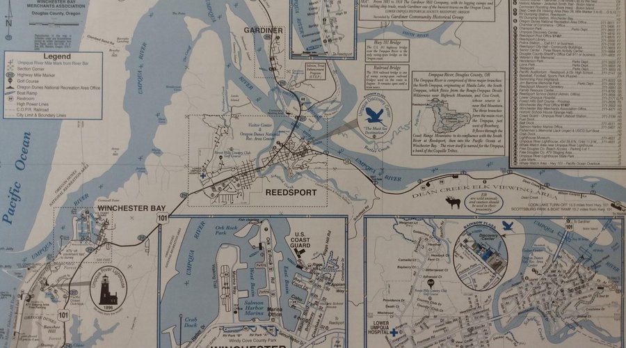 Reedsport Oregon surrounded by the Umpqua River and the Schofield Creek