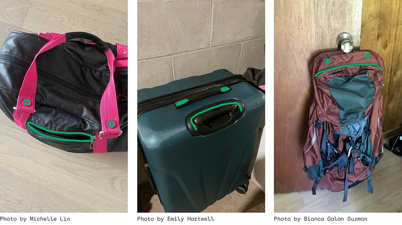 Photos of sad luggage with faces drawn on them