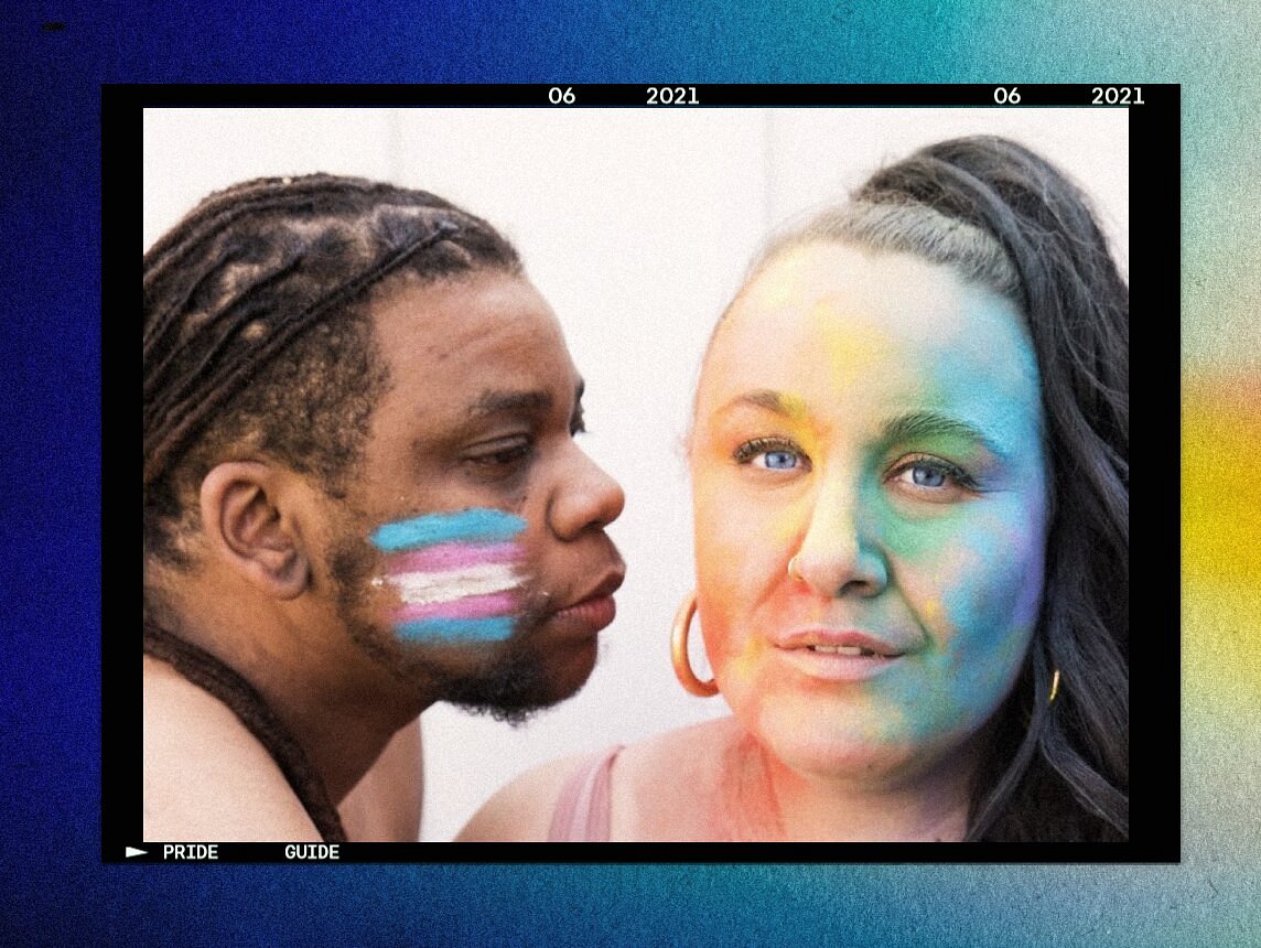 Alysse Dalessandro Santiago and Giovonni Santiago with rainbow pride face paint and trans pride face paint