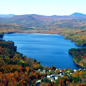 Aerial view of Wilson Lake in Wilton, Maine.  View across the lake with Mt. Blue in the back ground.