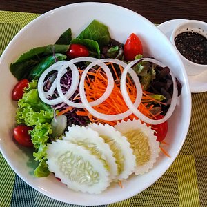 Mixed Salad, Spicy Crispy Duck Salad and Vegan Chicken Sandwich