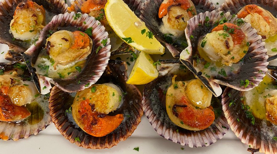 Zamburiñas a la plancha con ajada y vinagreta de limón