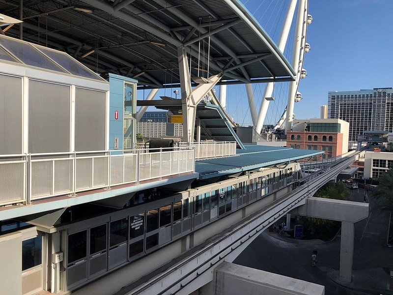Las Vegas Monorail Station with High Roller observation wheel in background.