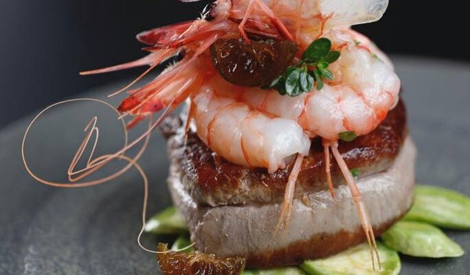 Filetto di fassona, gamberi viola di Sanremo e mostarda di chinotto.