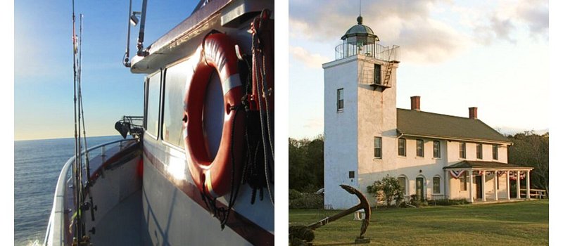 Left: Exterior of boat on North Fork Captains; Right: Exterior of Horton Point Lighthouse (R)