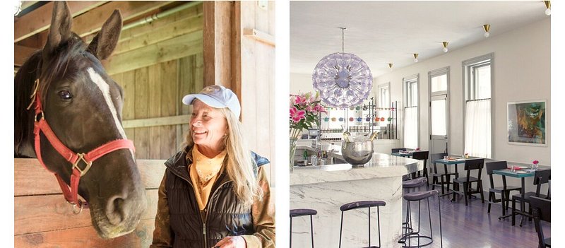 Left: Horse in stable next to person at Whistlewood Farm B&B; Right: Restaurant interior at Hotel Tivoli