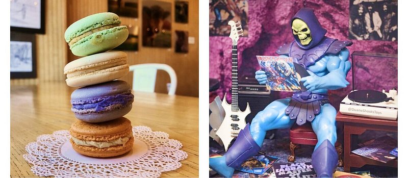 Left: Stack of macarons at Samuel's Sweet Shop; Right: Interior of Megabrain Comics