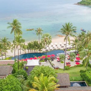 Main pool and beach viewed from above
