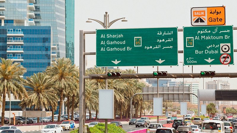 Traffic signs along a motorway in Dubai