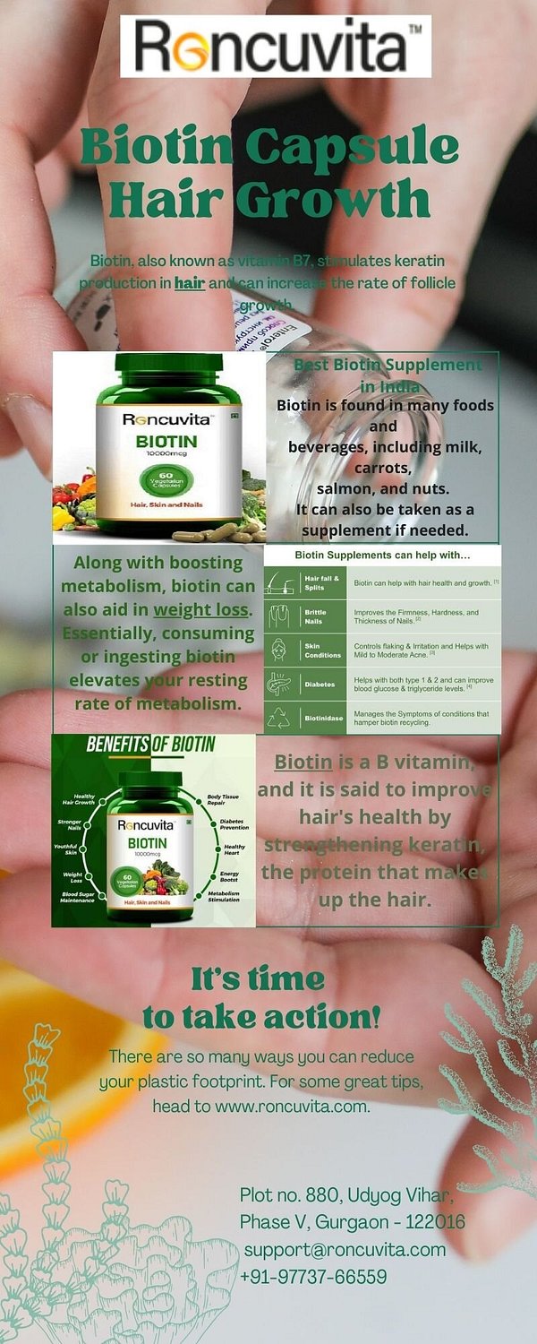Roncuvita Biotin many people believe that biotin supplements can make hair thicker and stronger. Research also suggests that biotin deficiency may play a role in premature graying. biotin, Biotin capsule hair growth, biotin hair, biotin for hair loss, biotin supplement. There's enough evidence that suggests that the deficiency of Biotin can result in weak and brittle hair.  Source: https://roncuvita.com/products/biotin-10000-mcg-capsules