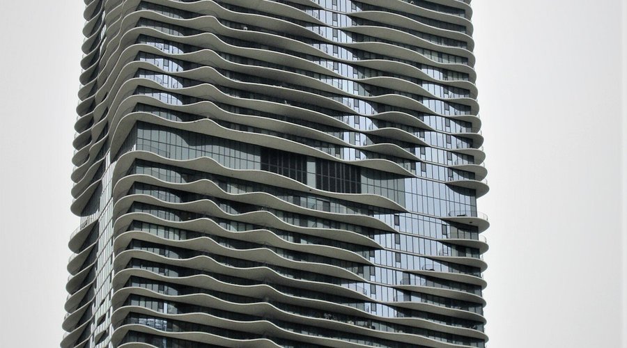 Aqua Tower: individually shaped balconies break up wind streams, thus providing easier wind resistance to this unique skyscraper. July 2021