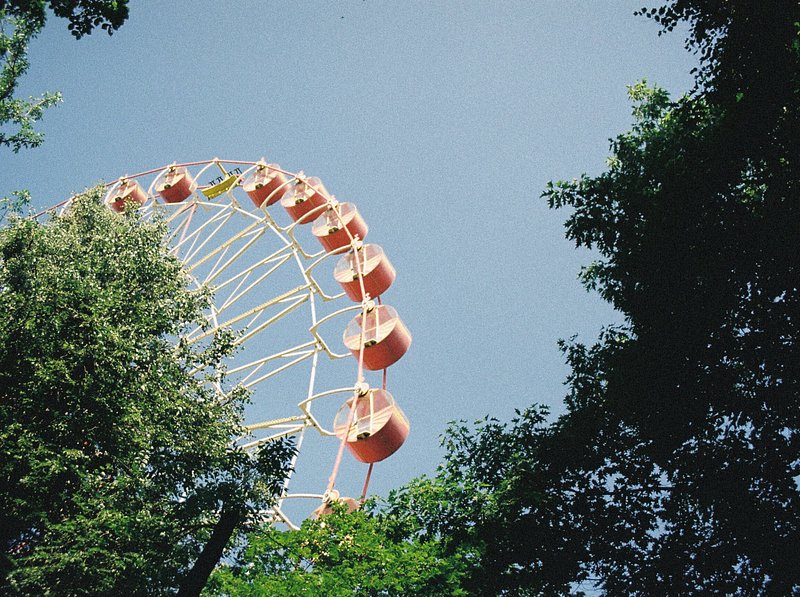 Ferris wheel spinning against blue sky behind trees