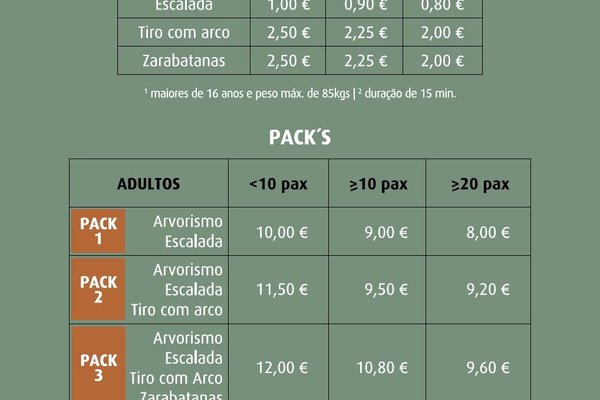 Preços das atividades no Parque do Convento. A entrada no Convento é grátis, mas as atividades são pagas. Necessário telefonar previamente para agendar