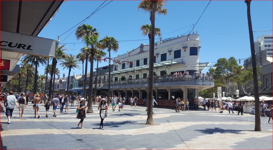 The Corso, Manly. Main street with some very interesting shops where you can buy anything you want. The street leads from the ferry wharf to the beach.