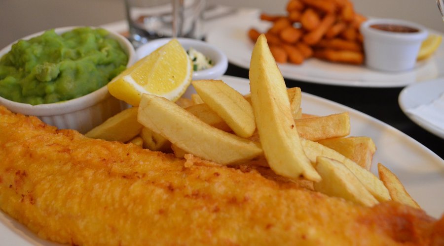 fish and chips with mushy peas and tartare sauce