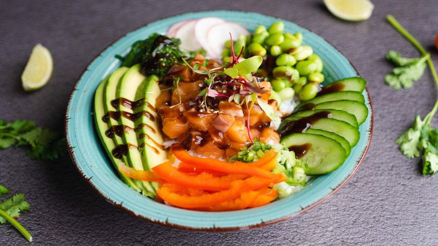 Poke Bowl! Your choice of raw marinated salmon or tuna or chicken. 