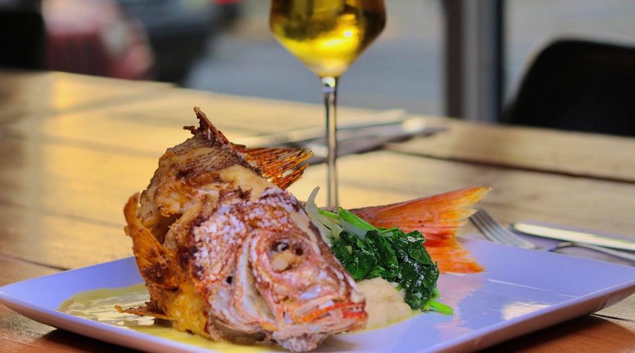 Whole Red Snapper, house mash, sautéed spinach, saffron lemon sauce