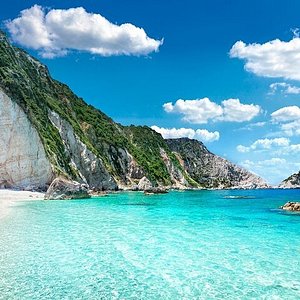 Panorama View to Petani beach with transparent and crystal clear