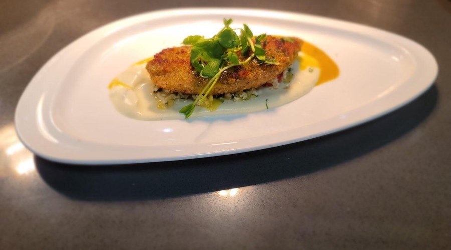 Pan Seared Sea Bass, Cauliflower Tabbouleh, Lime Curry Vinaigrette