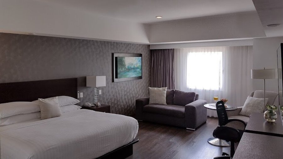 Jr. Suite Ejecutiva, espaciosa, elegante y cómoda. Piso alto con vista increíble. Vino de mesa de bienvenida, desayuno, WiFi y estacionamiento en cortesía.