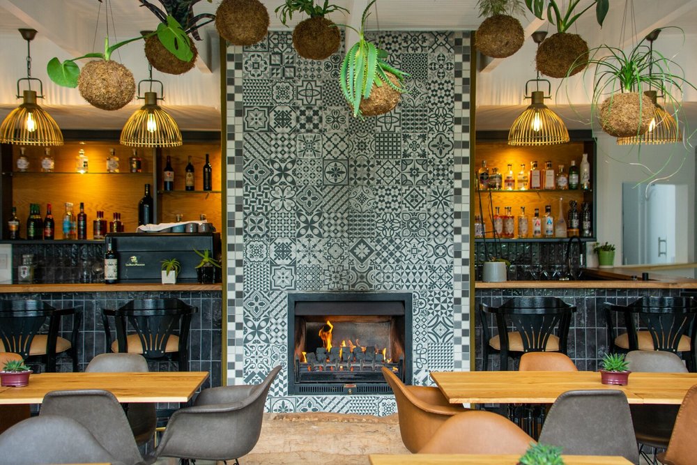Fireplace in restaurant and bar.