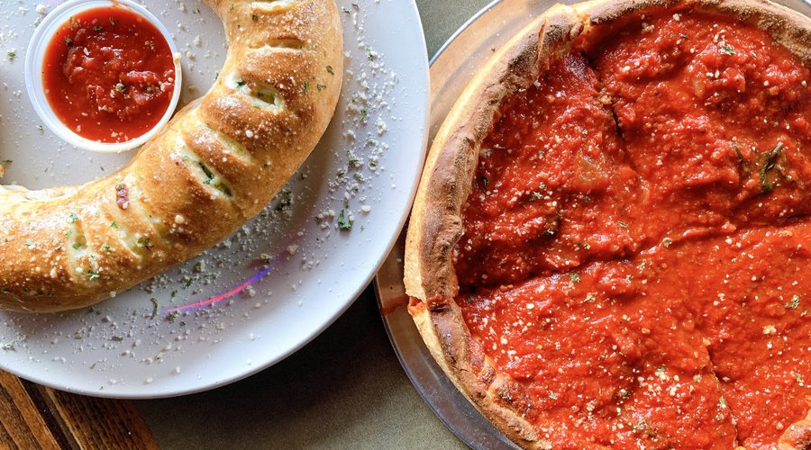 Chicago-style pie and a stromboli