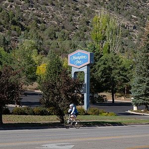 Biking capitol of Southwest Colorado.  Rider in front of hotel