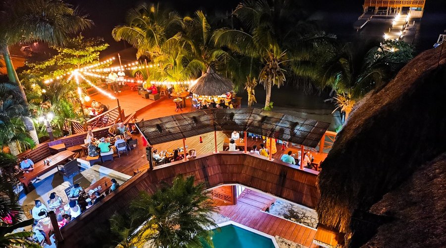 The Sunken Fish Restaurant at night.