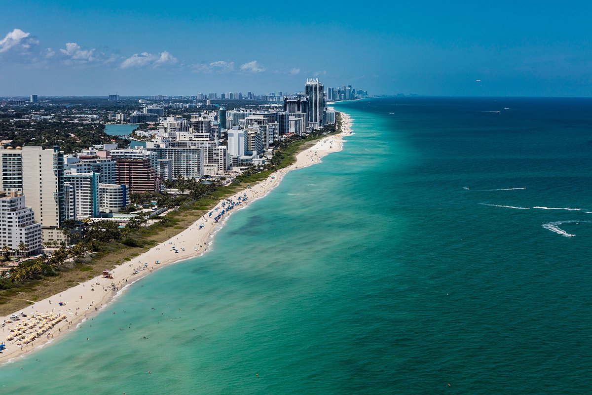 Miami, Florida's sky-high buildings reach right up to the turquoise-blue waterline