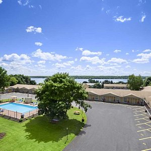 Super 8 by Wyndham Brockville in Brockville, image may contain: Outdoors, Pool, Aerial View, Swimming Pool
