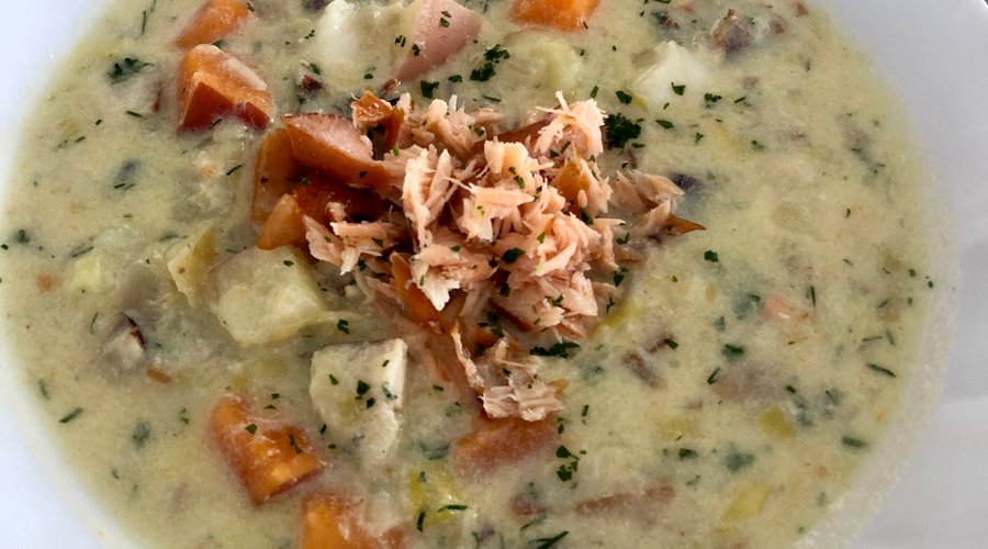 Our very popular fish chowder features smoked fish from Eden Smokehouse and locally caught white fish too