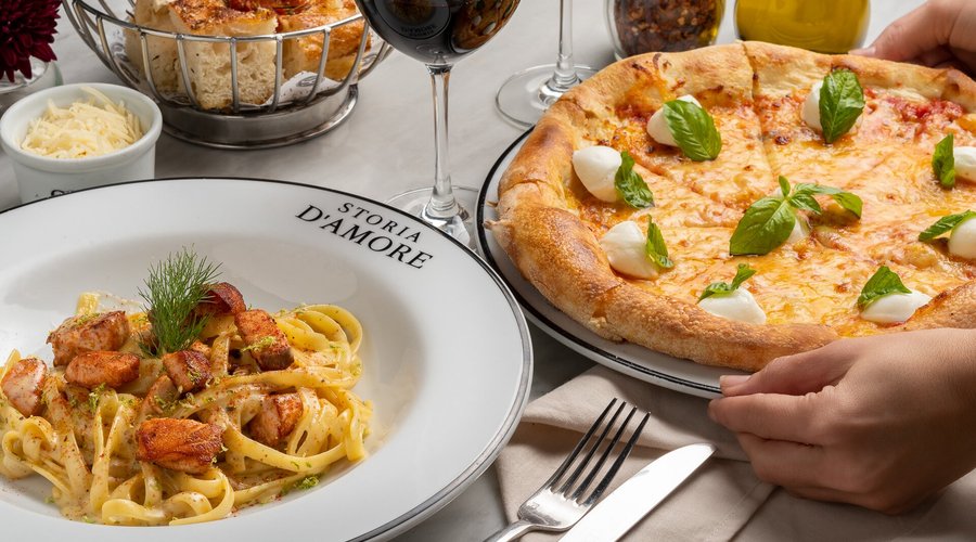 Pasta al salmone y pizza margherita