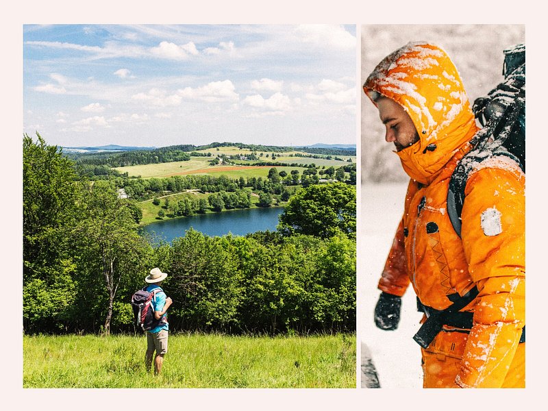 Collage of a sun man in a hat overlooking a lake on the left, and a man in a puffy jacket in the snow on the right