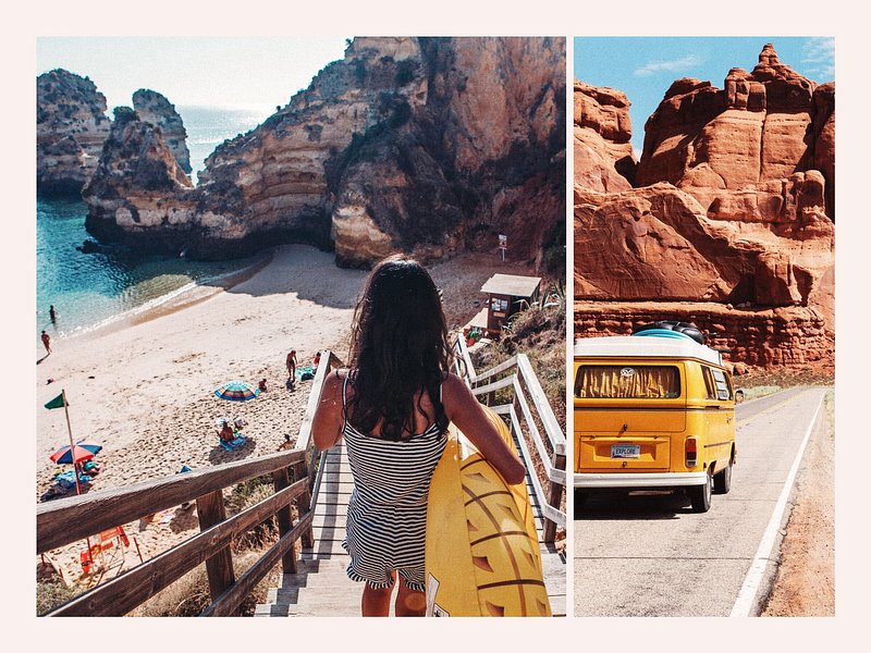 Collage met aan de linkerkant een vrouw die een luchtbed naar het strand draagt en aan de rechterkant een rijdende caravan