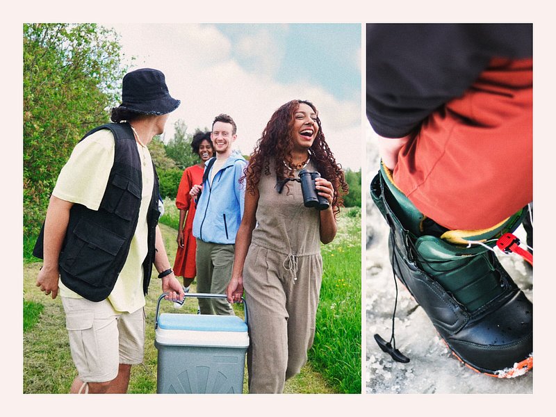 Collage of a group of friends carry a cooler box on the left, and snow boots on the right