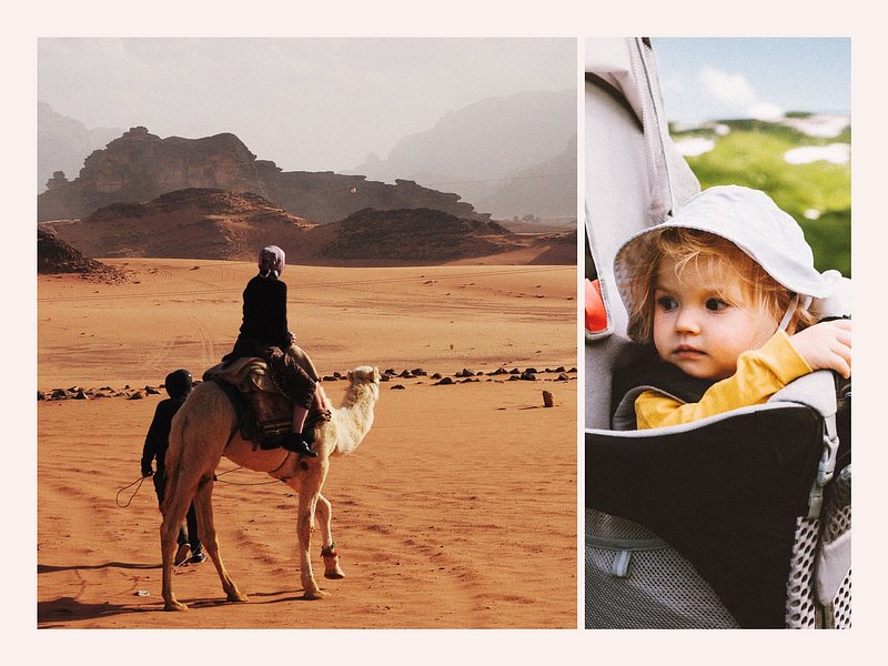 Collage of person on a camel in the desert on the left, and a baby in a carrier on the right