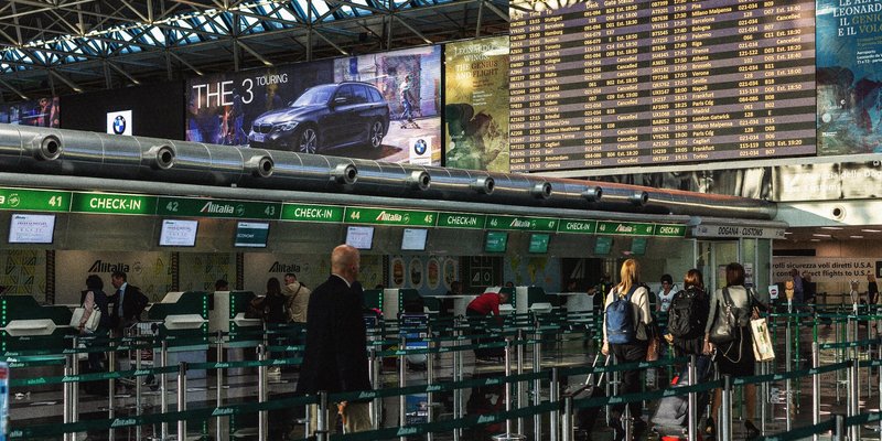 The check-in counters at Fiumicino Airport in Rome.