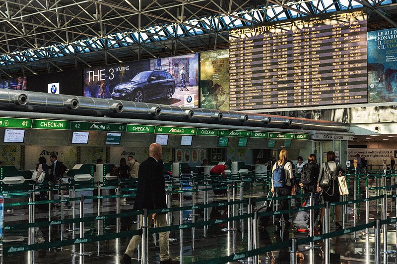 The check-in counters at Fiumicino Airport in Rome