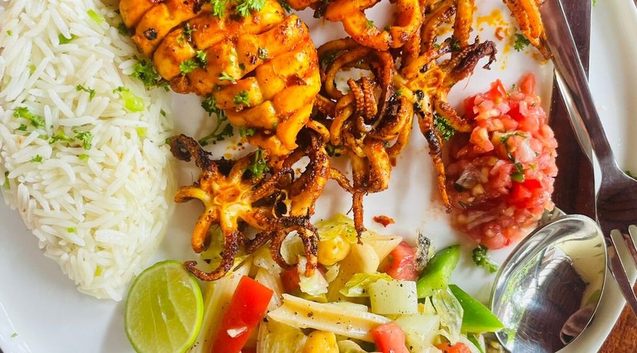 Calamari Grilled with Rice and Salad