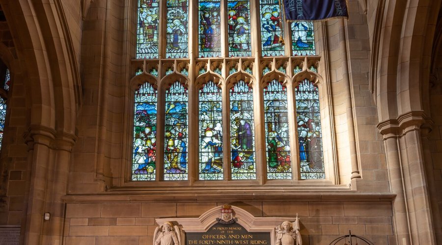 Remembrance area with stained glass window